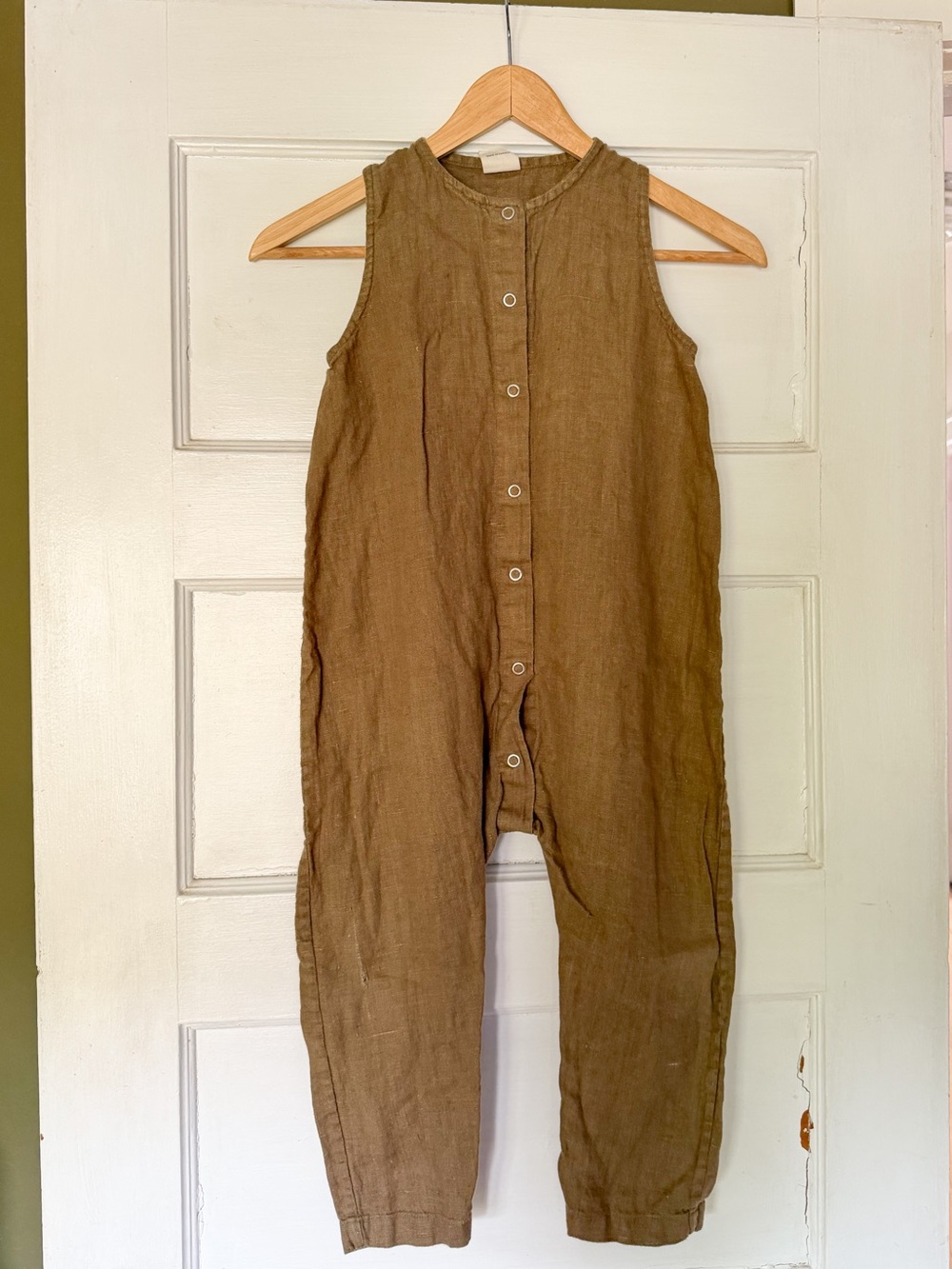 Redcreek Kids Sleeveless Button-Front Linen Jumpsuit in Olive Brown 3T